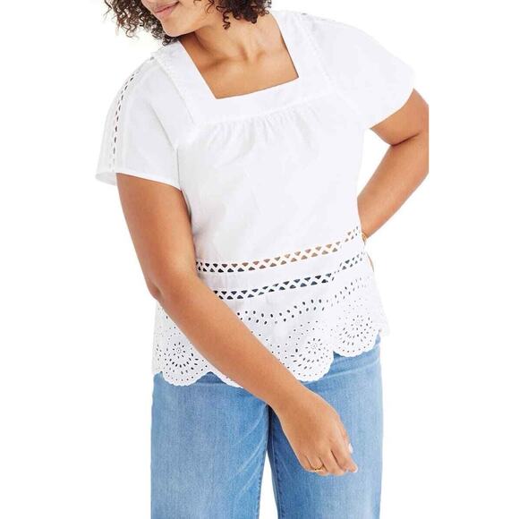 Madewell White Eyelet Angelica Cotton Top XS White Boho Peasant Americana - Picture 2 of 16